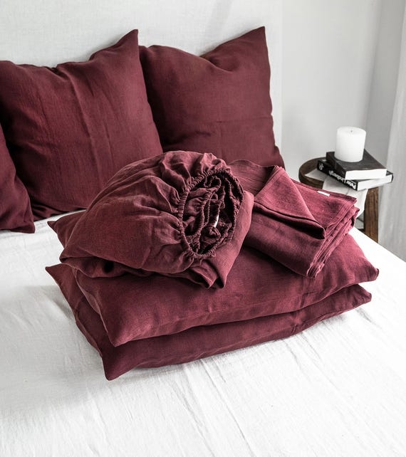 Textured Burgundy Linen Sheet Set | Deep Red Earthy Bedding, Woven Fabric