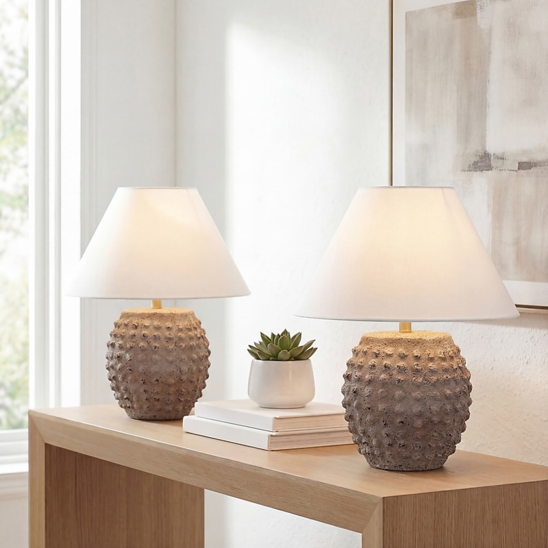 Textured Ceramic Table Lamp Set with Matte Taupe Hobnail Finish