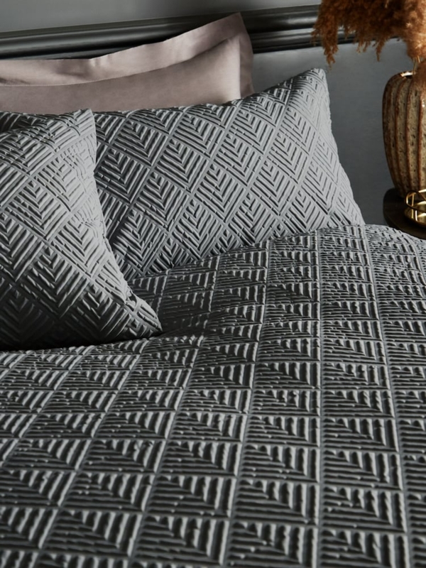 Textured Charcoal Grey Bedding Embossed Geometric Diamond Duvet Set