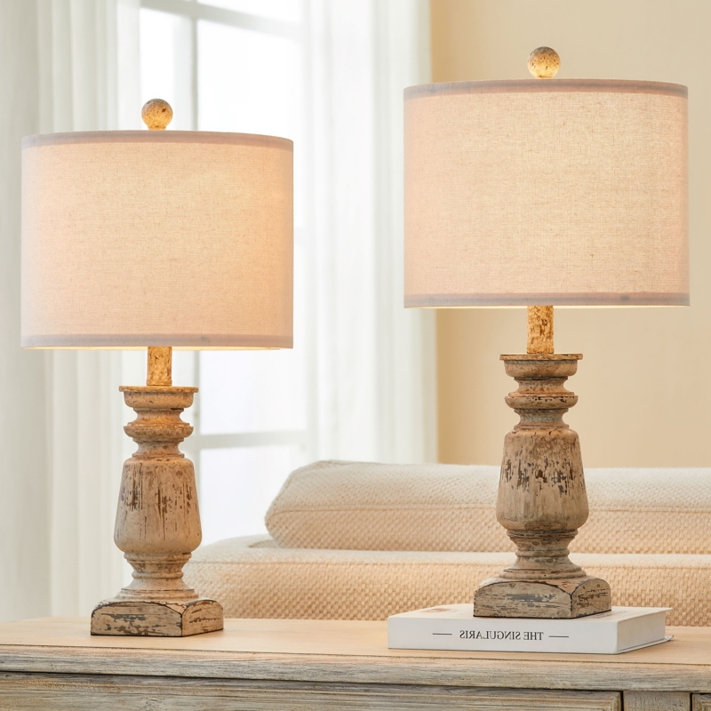 Textured Resin Table Lamps Set, Aged Stone Pitted Finish.