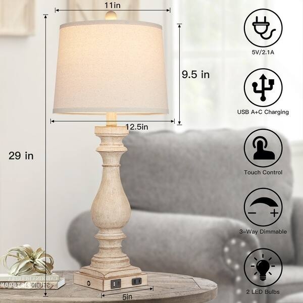 Textured Resin Urn Table Lamps with Carved Base and Built-In USB.