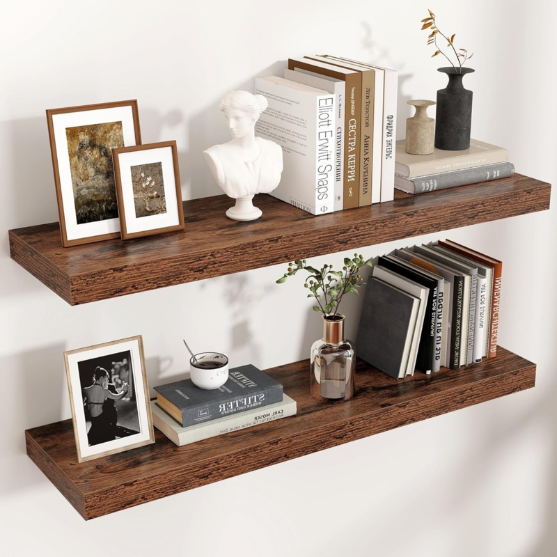 Thick Profile Brown Wood Floating Shelf with Hidden Brackets