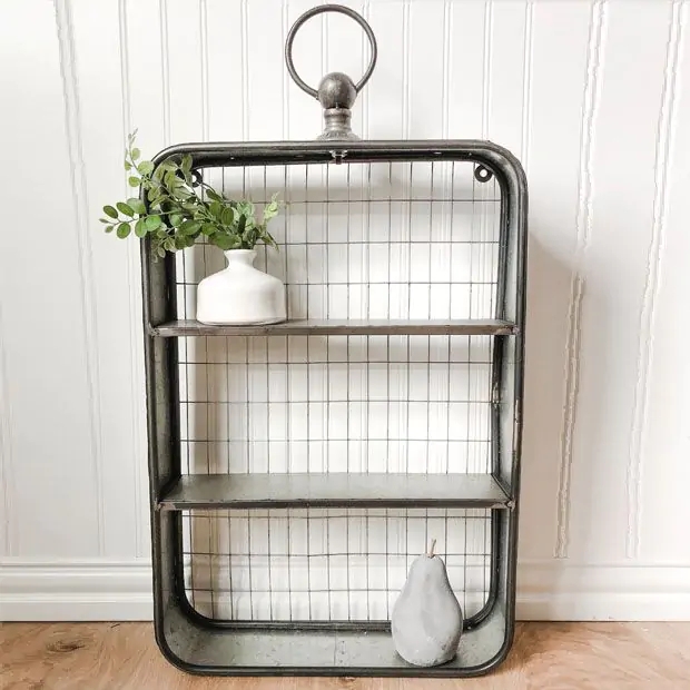 Three-Tier Wall Shelf, Rustic Chicken Wire Backing, Black Metal & Wood