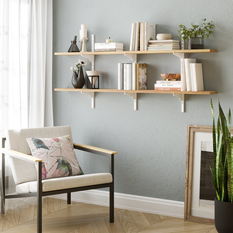 Three Tier Wall Shelf Unit with Industrial Curved Black Metal Brackets
