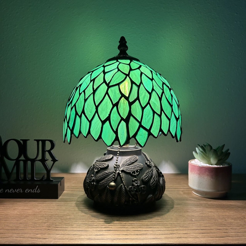 Tiffany Style Mini Table Lamp with Green Stained Glass Leaf Pattern