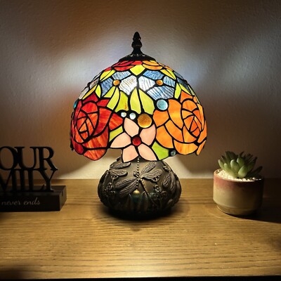 Tiffany Style Mini Table Lamp with Stained Glass Rose Floral Pattern