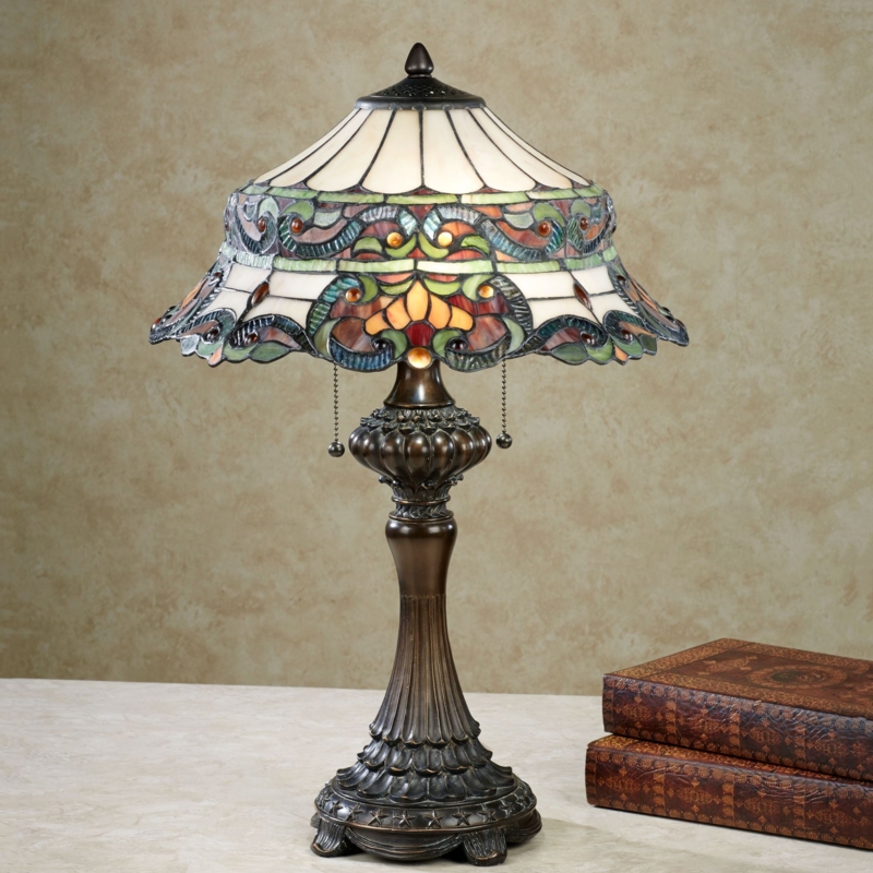 Tiffany Style Table Lamp: Multi Jewel Stained Glass Shade, Pedestal Base