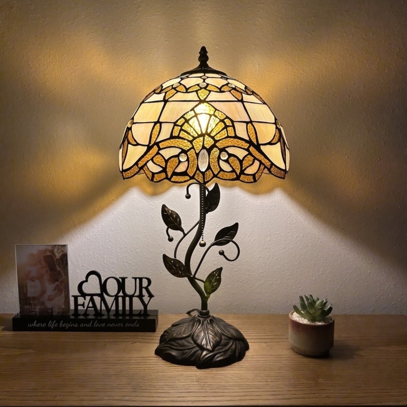 Tiffany Style Table Lamp Ornate Sculpted Base Antique Bronze Floral