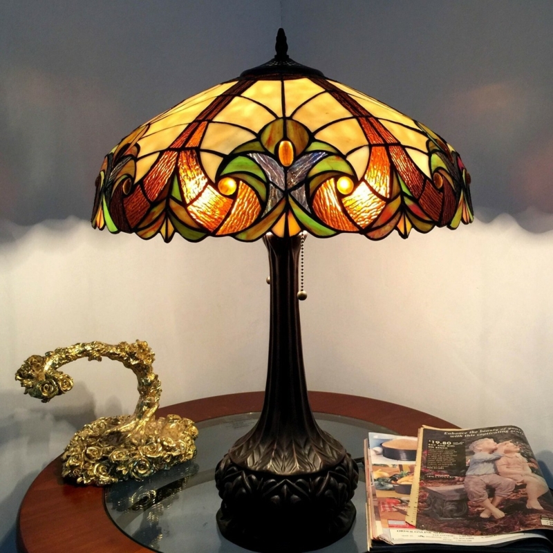 Tiffany Style Table Lamp, Sculptural Bronze Base, Stained Glass Shade.