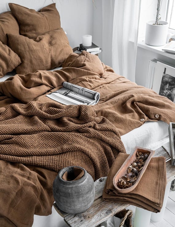 Tobacco Brown Linen Sheet Set | Earthy Bedding, Textured Woven Fabric