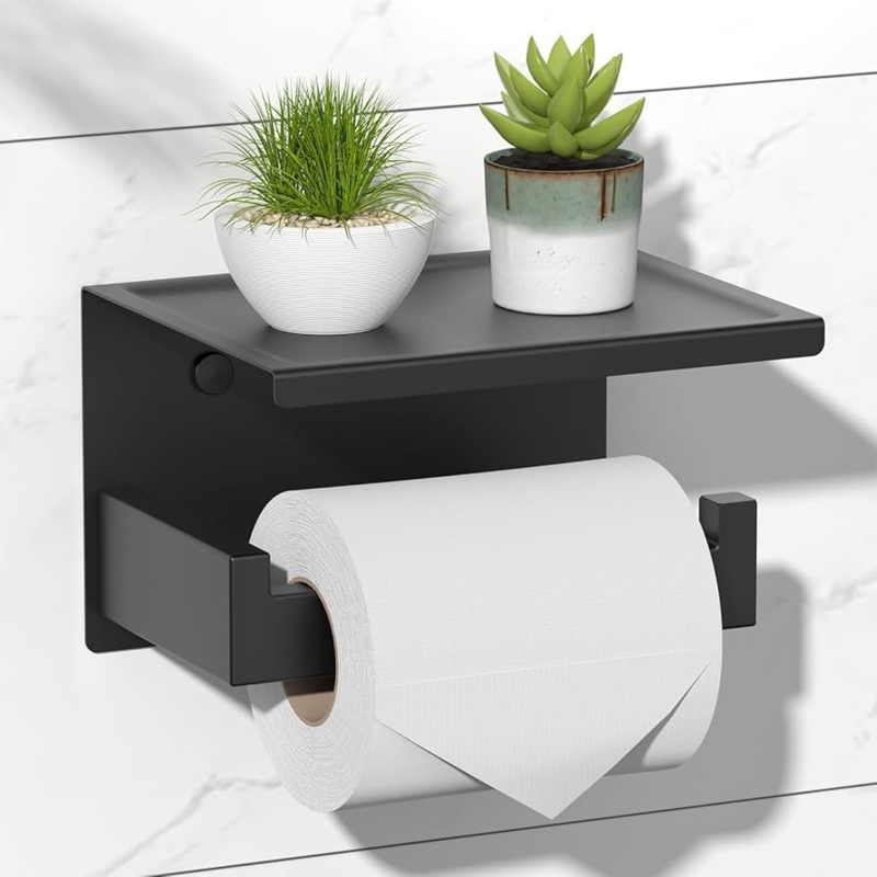 Toilet Paper Holder Integrated Shelf Anti-Slip Edge Matte Black