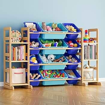 Toy Storage Organizer Side-by-Side Design with Bookshelves and Bins