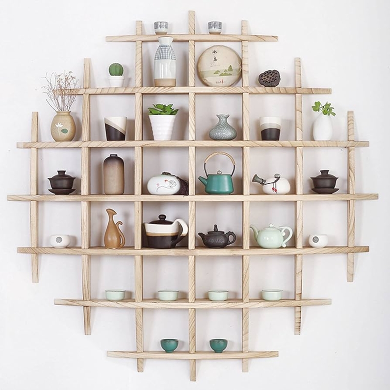 Traditional Chinese Wall Shelf: Circular Silhouette with Geometric Grid