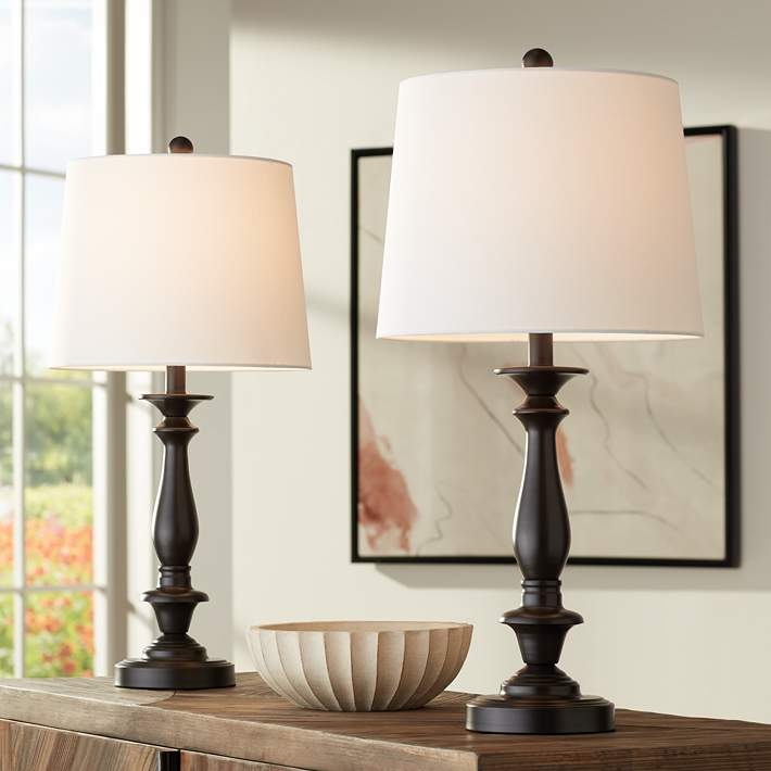 Traditional Dark Bronze Table Lamps Set with Stacked Ring Bases