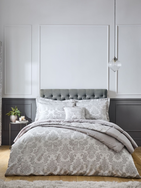Traditional Duvet Cover Set Grey Satin Damask Jacquard Shimmering