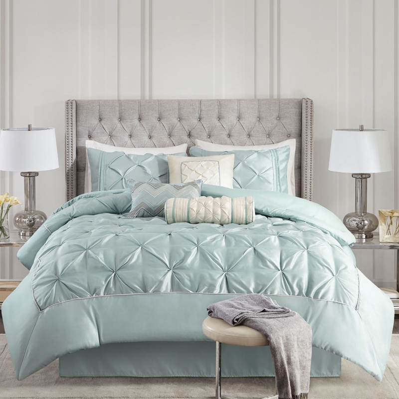 Traditional Seafoam Green Bedroom Decor with Damask Comforter