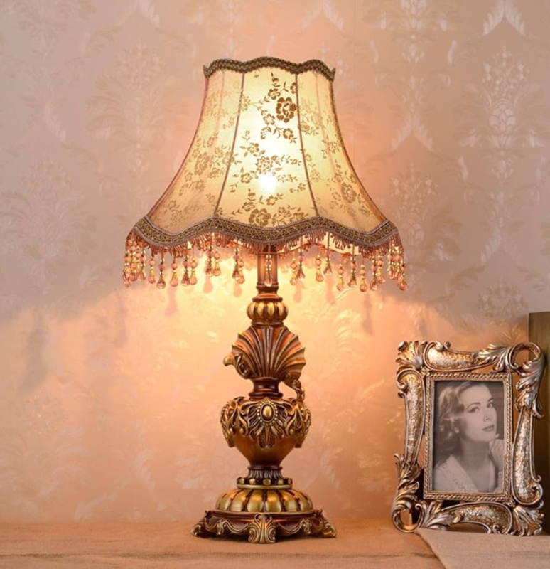 Traditional Table Lamp, Brown Lace Bell Shade with Fringe Trim.