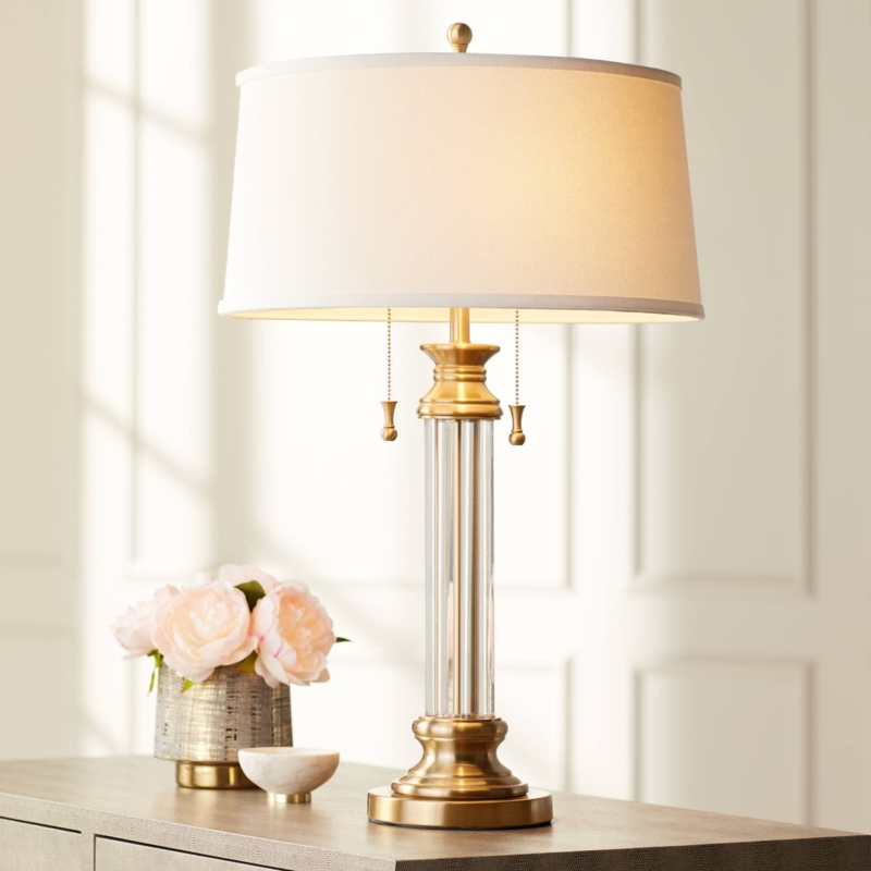 Traditional Table Lamp, Faceted Crystal Column, Antique Brass Accents.