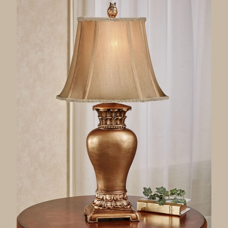 Traditional Table Lamp Font Style Base Bronze Gold Braided Shade Trim