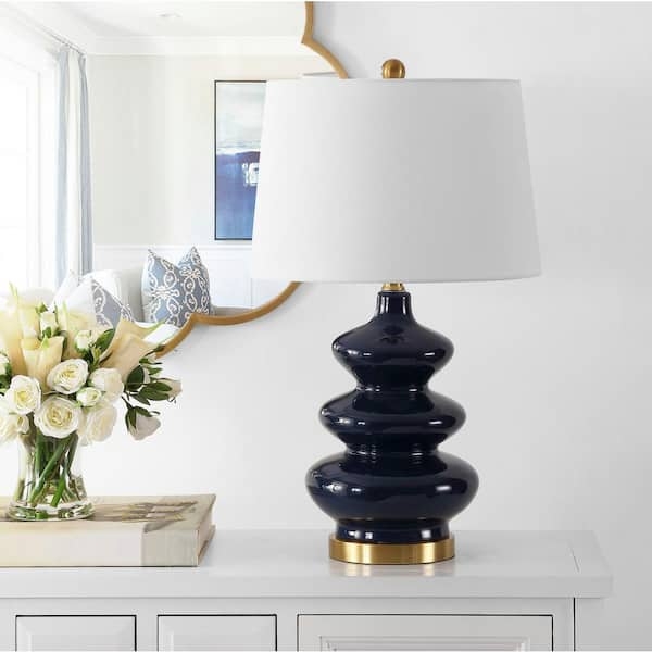 Traditional Table Lamp: Navy Geometric Relief Pattern with Gold Base