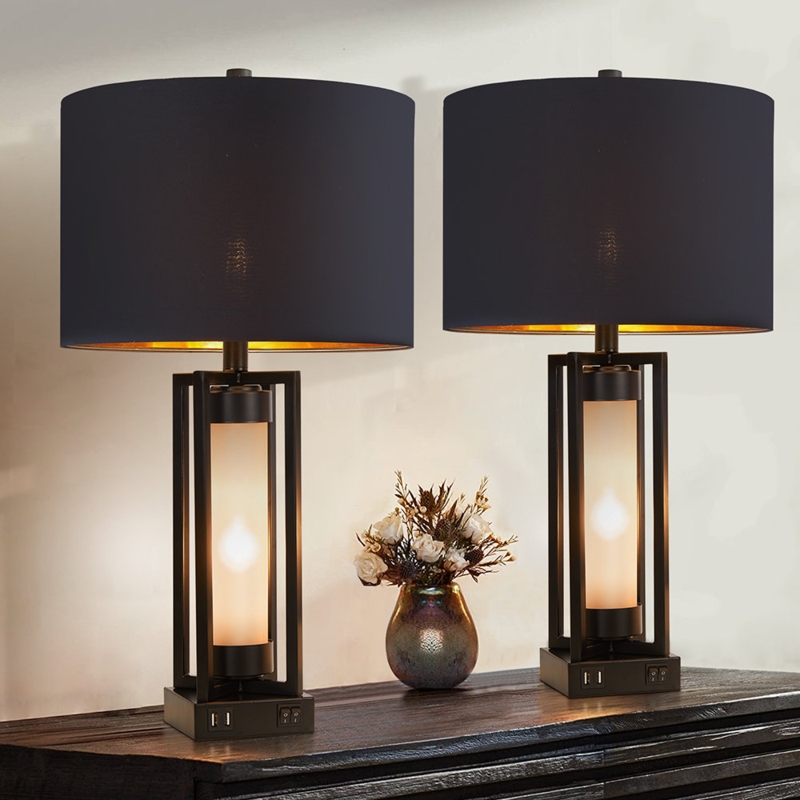 Traditional Table Lamp Set, Bronze Turned Pedestal Base, Shade