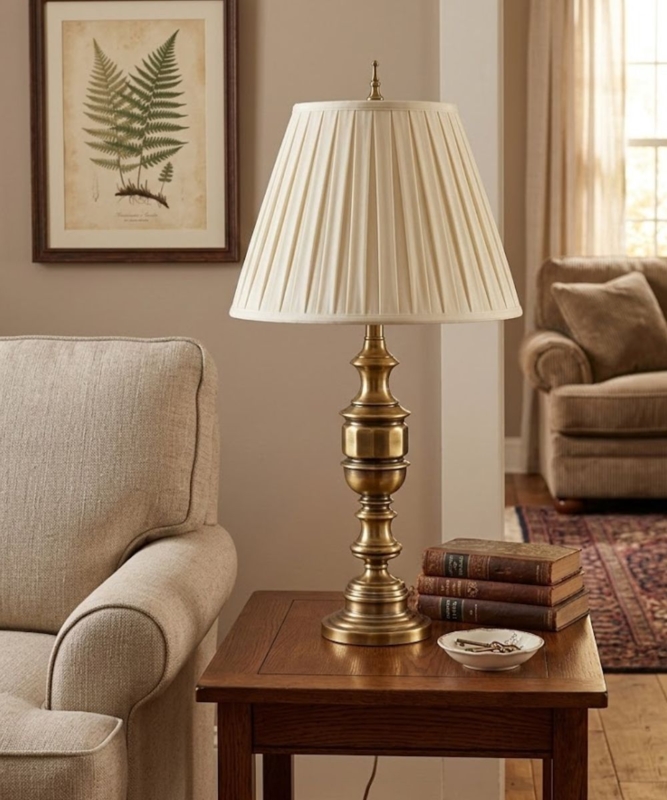 Traditional Table Lamp with Antique Brass Paneled Column Base