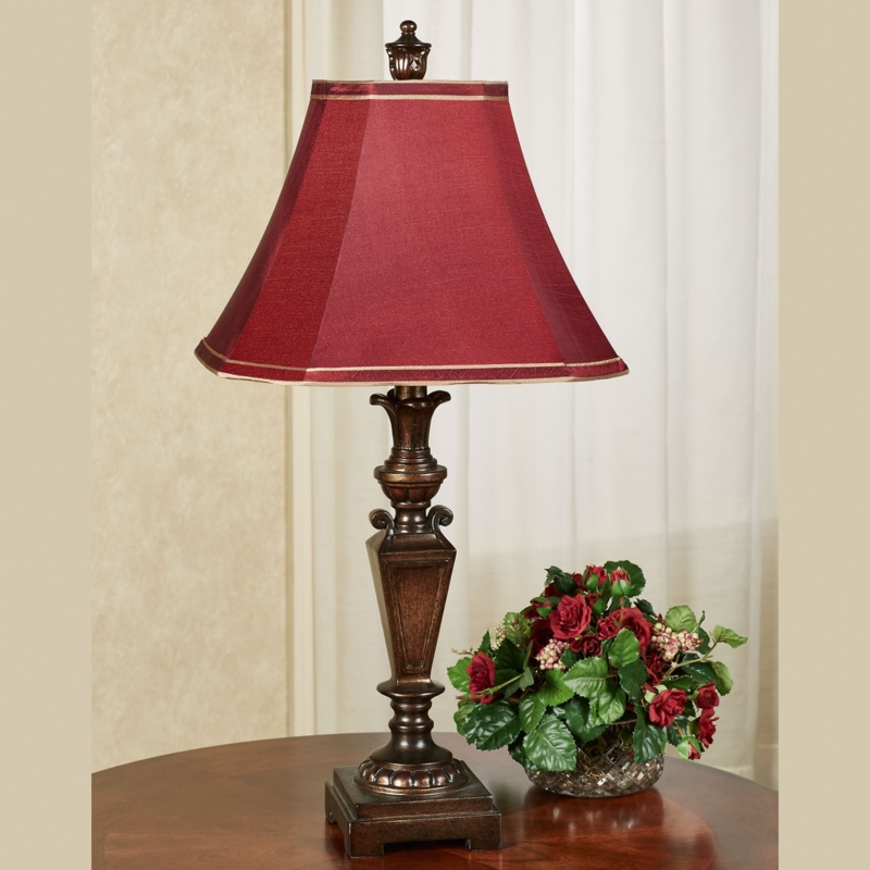 Traditional Table Lamp with Ornate Gold Base and Burgundy Pleated Shade