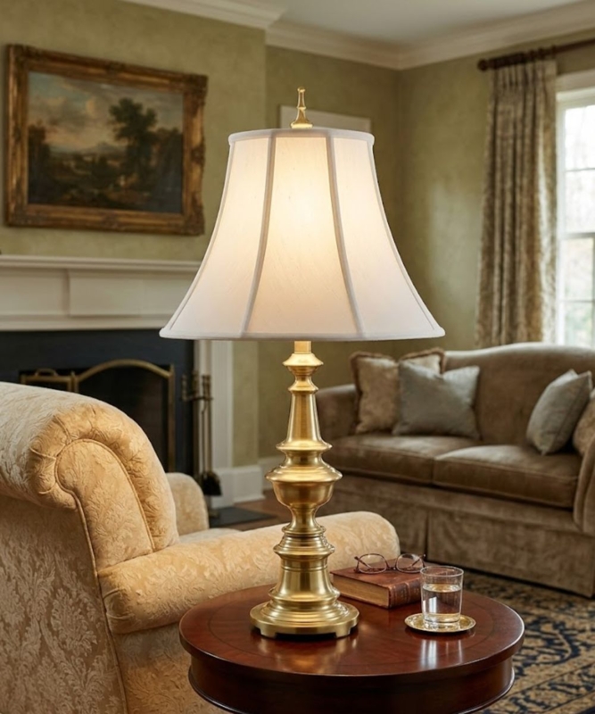 Traditional Table Lamp with Satin Brass Tiered Pedestal Base
