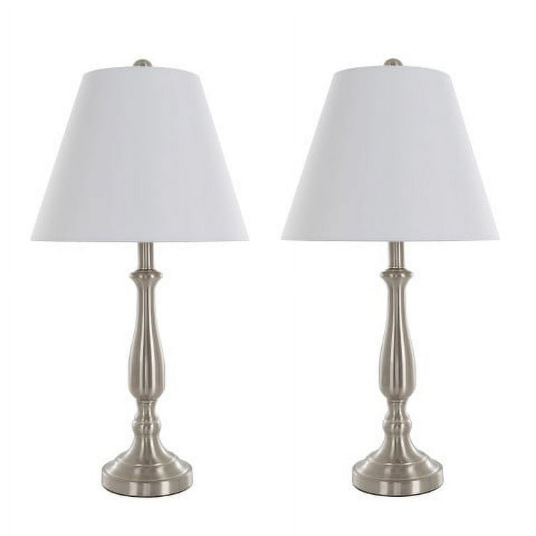 Traditional Table Lamps Brushed Steel Trumpet Base Tapered Shade Set