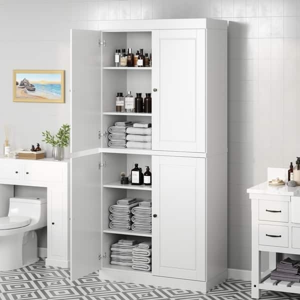 Traditional White Bathroom Cabinet, Glass Side Panels, Shaker Style