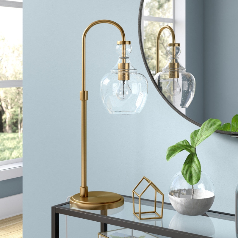 Transitional Arched Table Lamp, Brass Finish, Seeded Glass Dome Shade