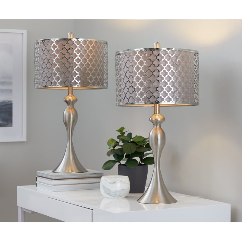 Transitional Brushed Nickel Table Lamp Set with Crystal Accent Neck