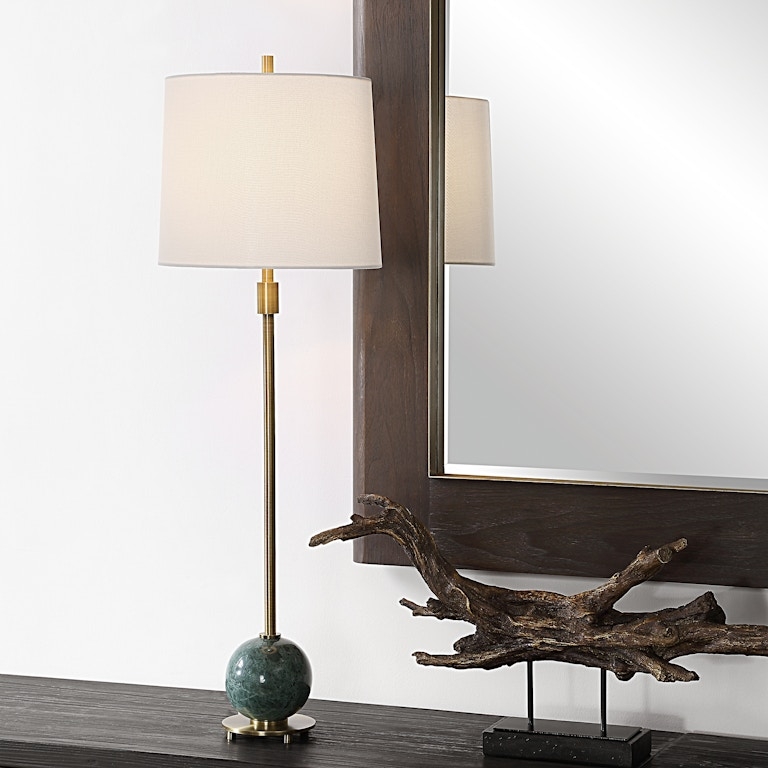 Transitional Buffet Lamp, Antique Brass Finish, Stacked Geometric Base