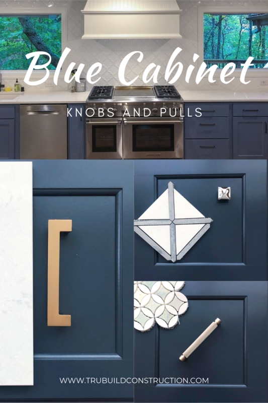 Transitional Cabinet Hardware: Polished Gold Knobs on Navy Blue Cabinets.