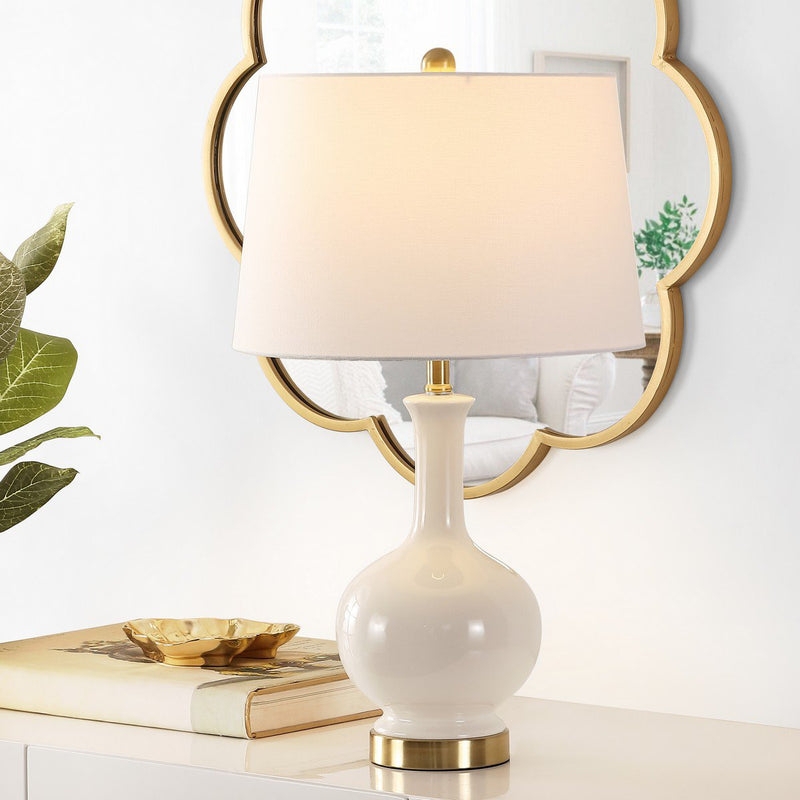 Transitional Ceramic Table Lamp: Ribbed Gourd Base, Cream Finish