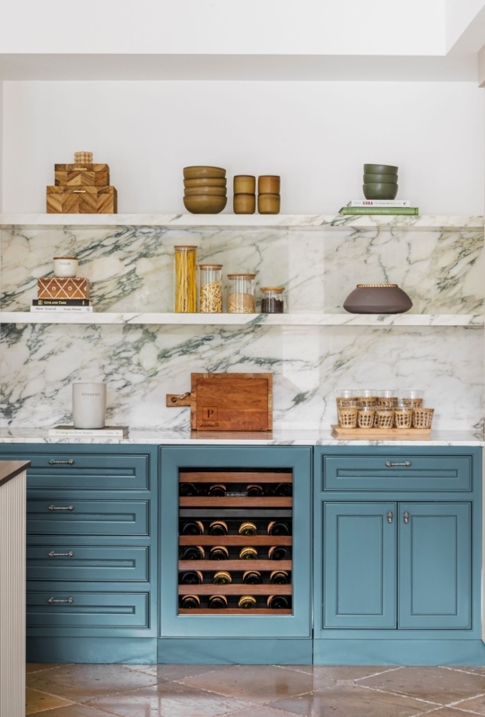 Transitional Kitchen: Navy Cabinetry contrasted with a White Island.