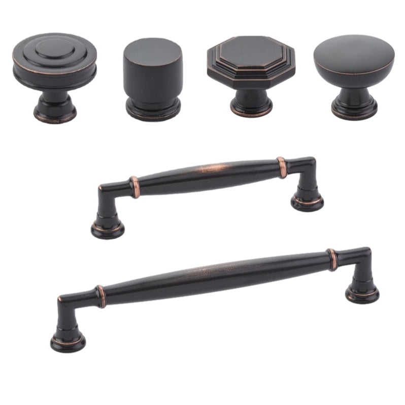 Transitional Oil Rubbed Bronze T-Bar Pulls and Round Knobs Set
