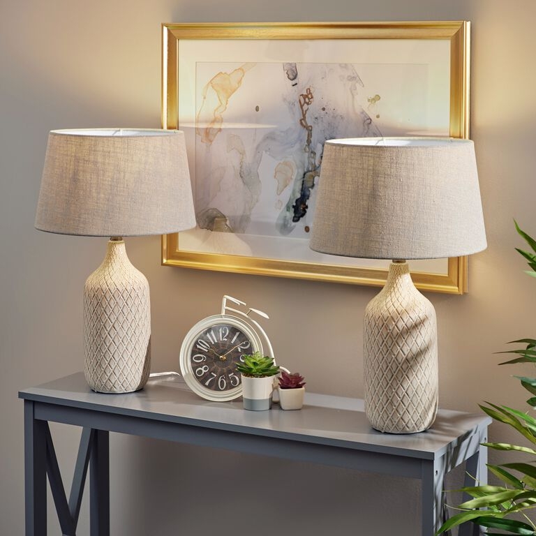 Transitional Table Lamp Set, Ceramic Base, Embossed Diamond Pattern