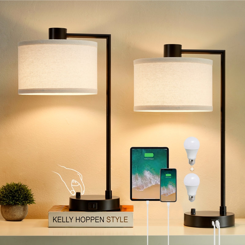 Transitional Table Lamp Set Dark Brown Base USB Dimmer Switch