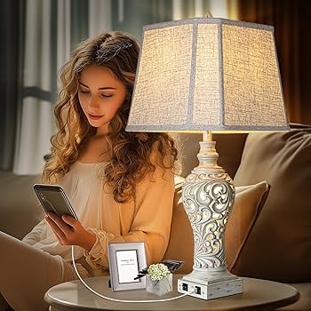 Transitional Table Lamp Set Glass Nightlight Base USB Charging Port