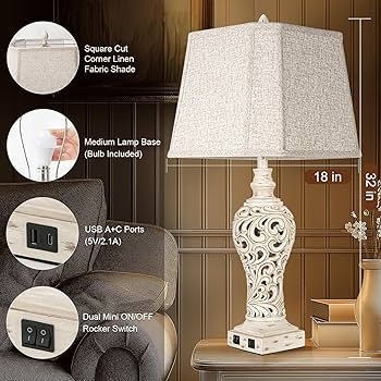 Transitional Table Lamp Set Integrated Nightlight Slim Silhouette