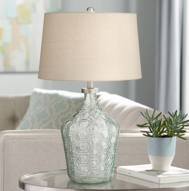 Transitional Table Lamp with Seeded Glass Bottle Base