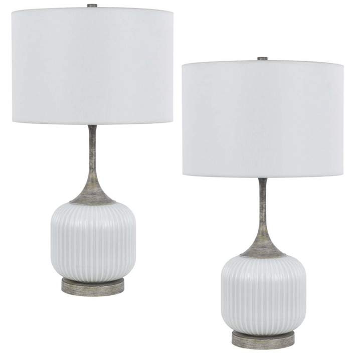 Transitional Table Lamp with White Ribbed Ceramic Base and Drum Shade