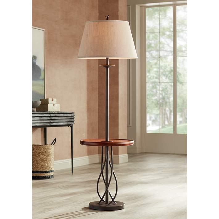Tray Table Floor Lamp with Twisted Metal Detail and Walnut Accent