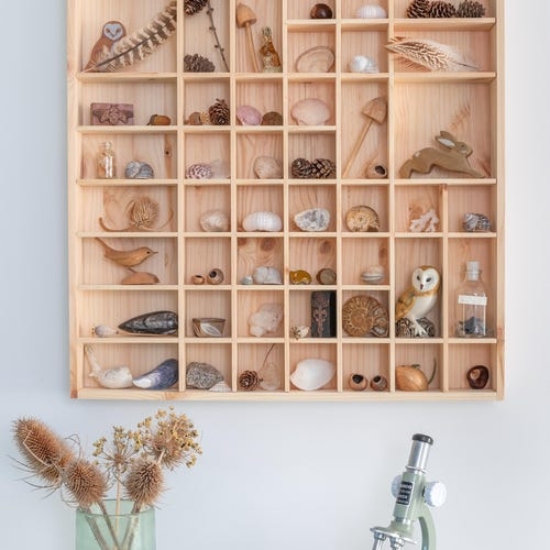 Trinket Display Shelf, 51-Compartment Grid, Unpainted Wood.