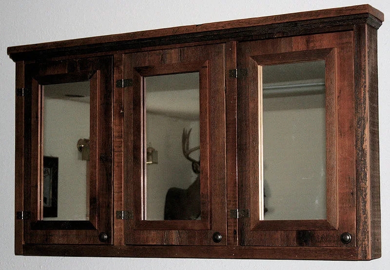 Triple Mirror Medicine Cabinet in Weathered Barnwood for Farmhouse Storage