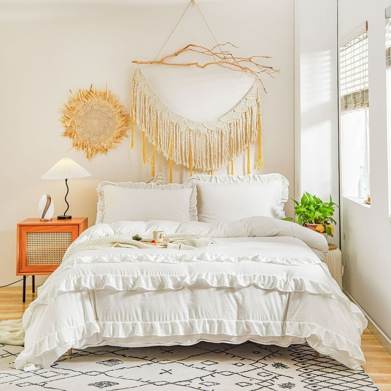 Triple Ruffled Duvet Cover Set in Soft Off-White