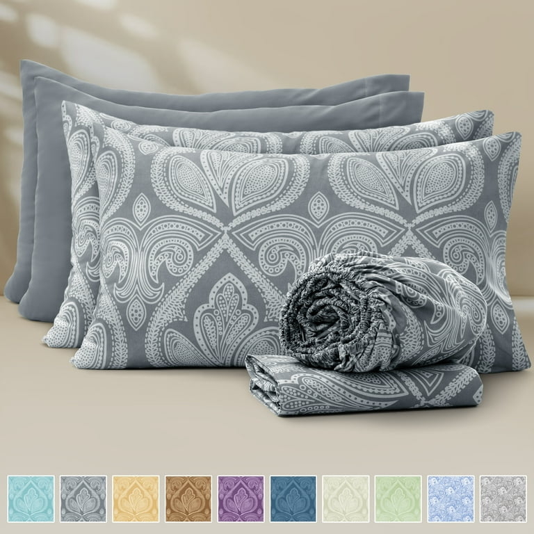 Triple-Stripe Embroidered Bed Sheet Set in Charcoal Grey