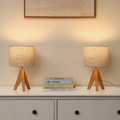 Tripod Table Lamp Natural Wood Tapered Legs White Linen Shade