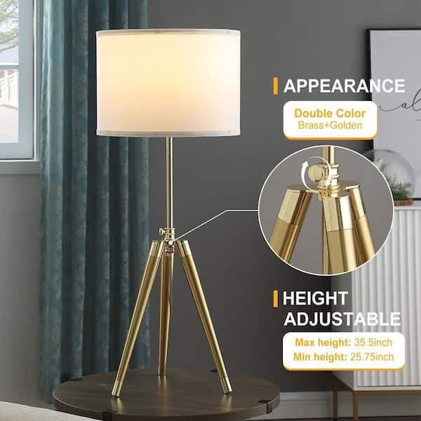 Tripod Table Lamp Polished Gold Finish Adjustable Height Drum Shade